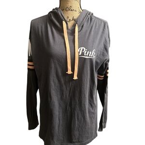 Pink: Gray Hoodie with Pink Logo and Orange Stripes